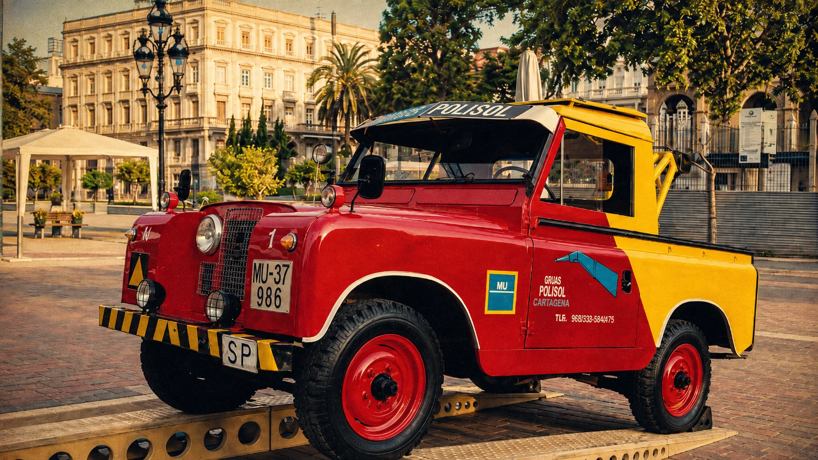 Land Rover rojo y amarillo de Grúas Polisol, bautizado «La constancia en carretera», conservado como vehículo insignia de la empresa