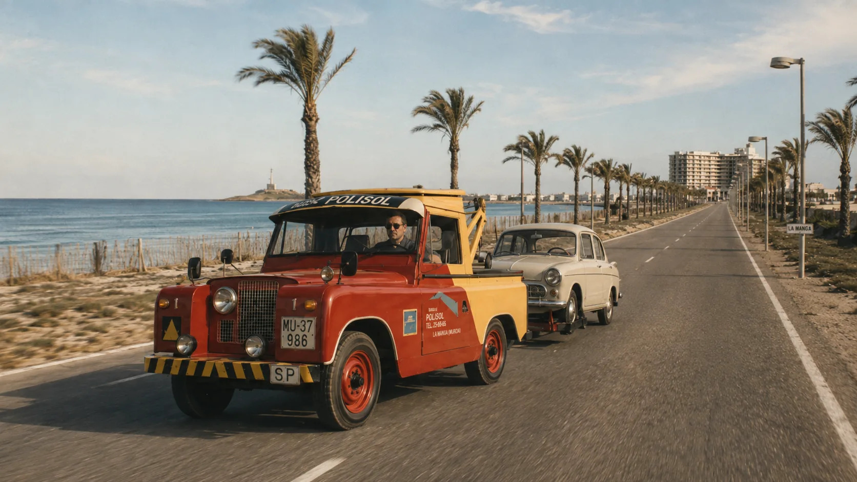 José Nieto Burgos conduciendo el Land Rover de Grúas Polisol remolcando un coche por el paseo marítimo de La Manga en los años 60